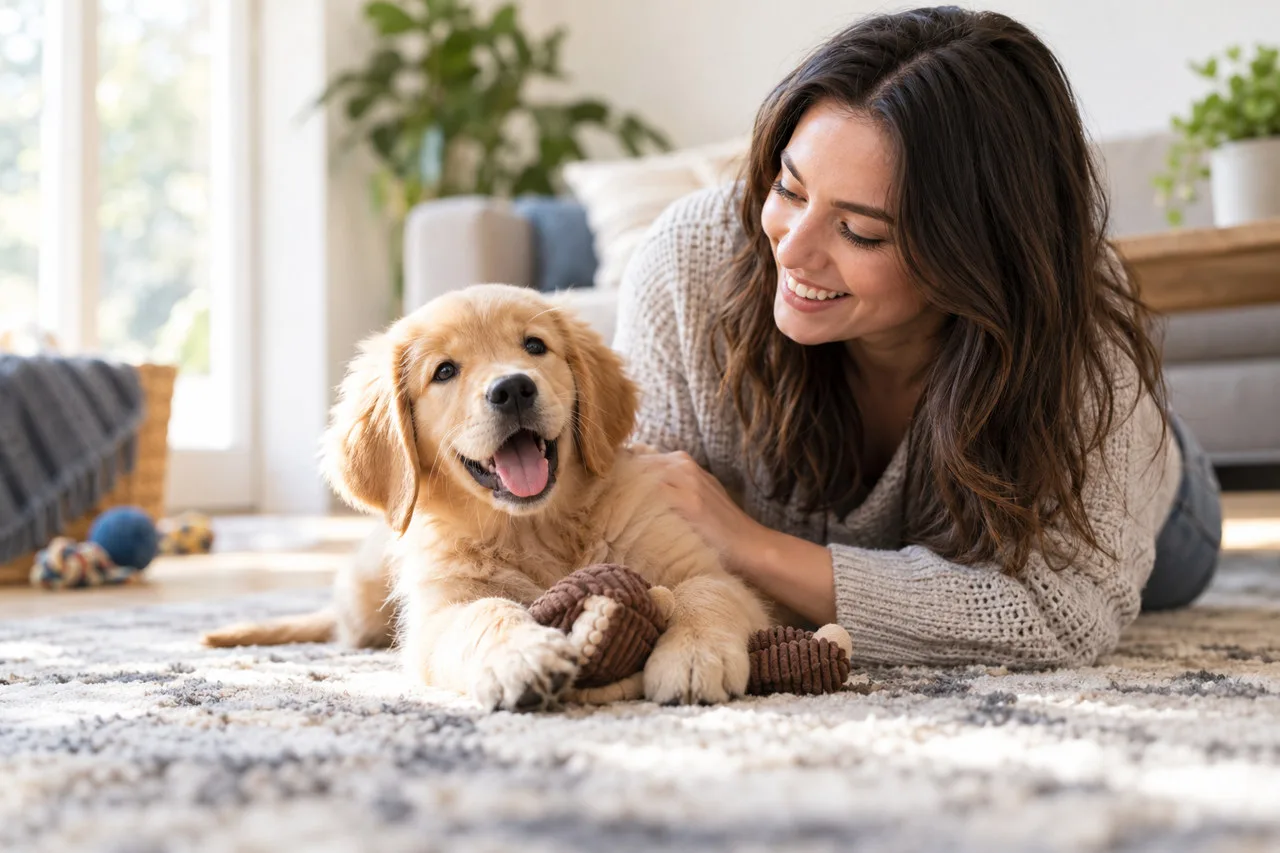 Owner playing gently with a young-looking golden-colored dog on a rug